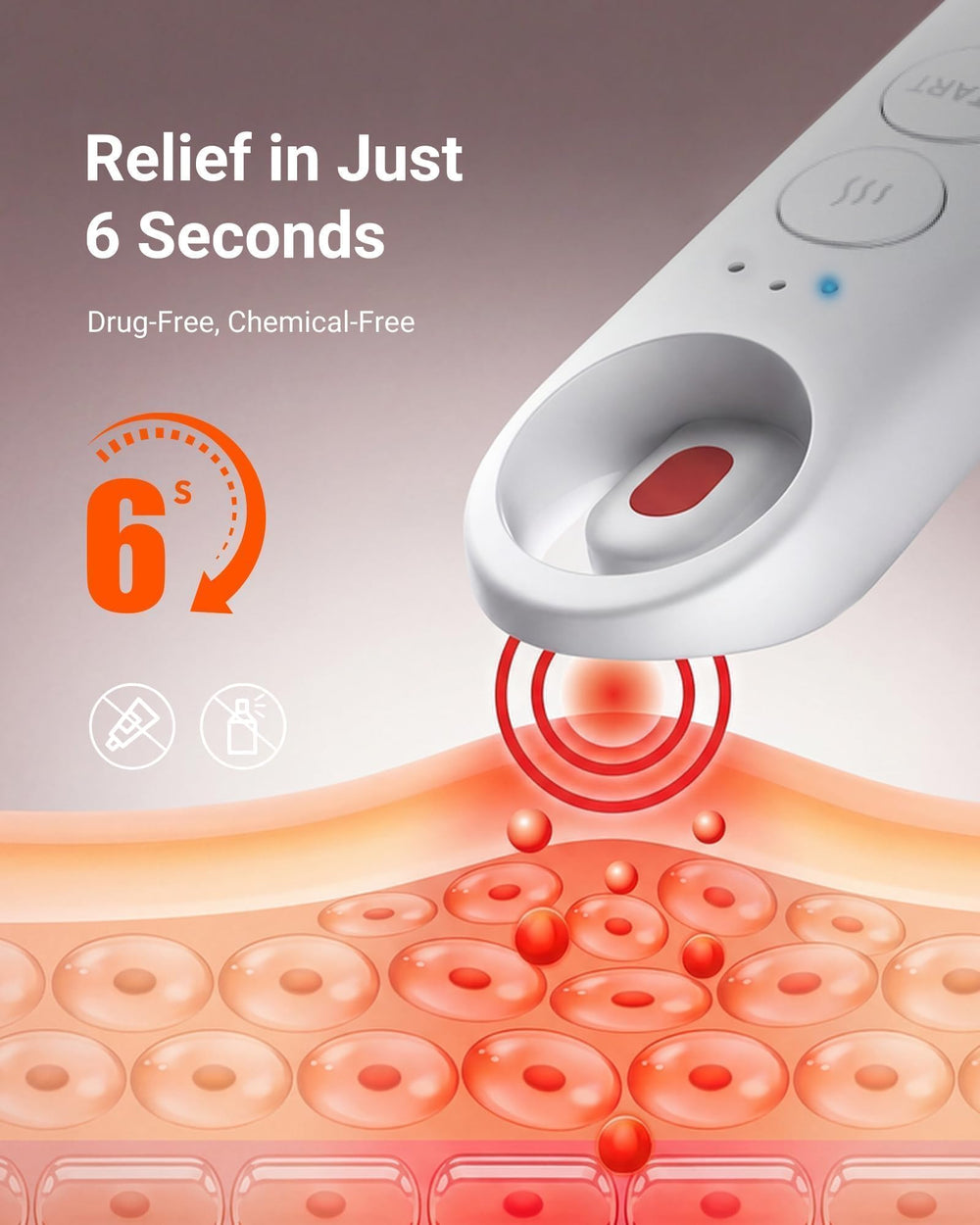 iHealth dispositivo en mano aplicando calor y reduciendo la irritación