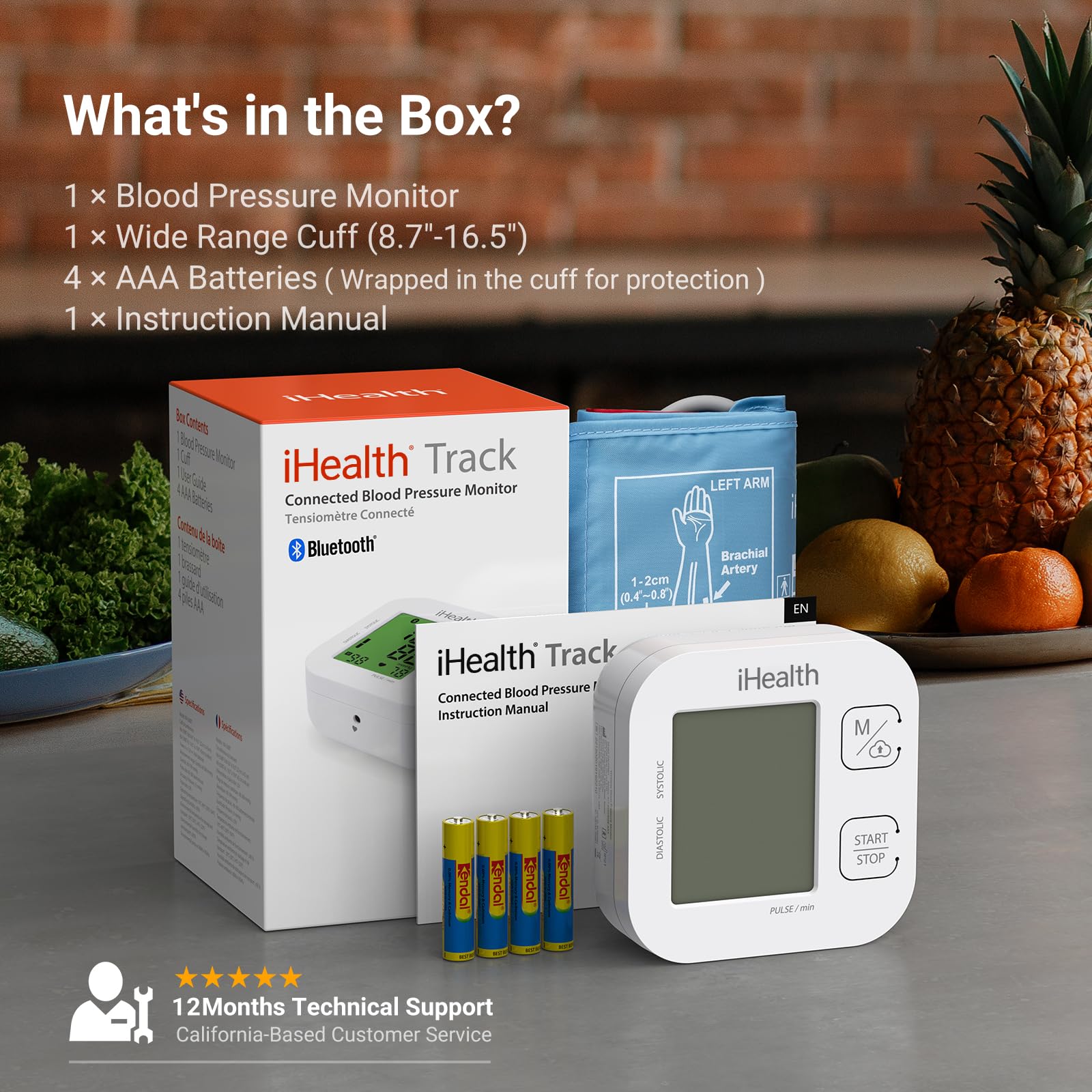 iHealth caja abierta con monitor, manguito y manual listos para usar