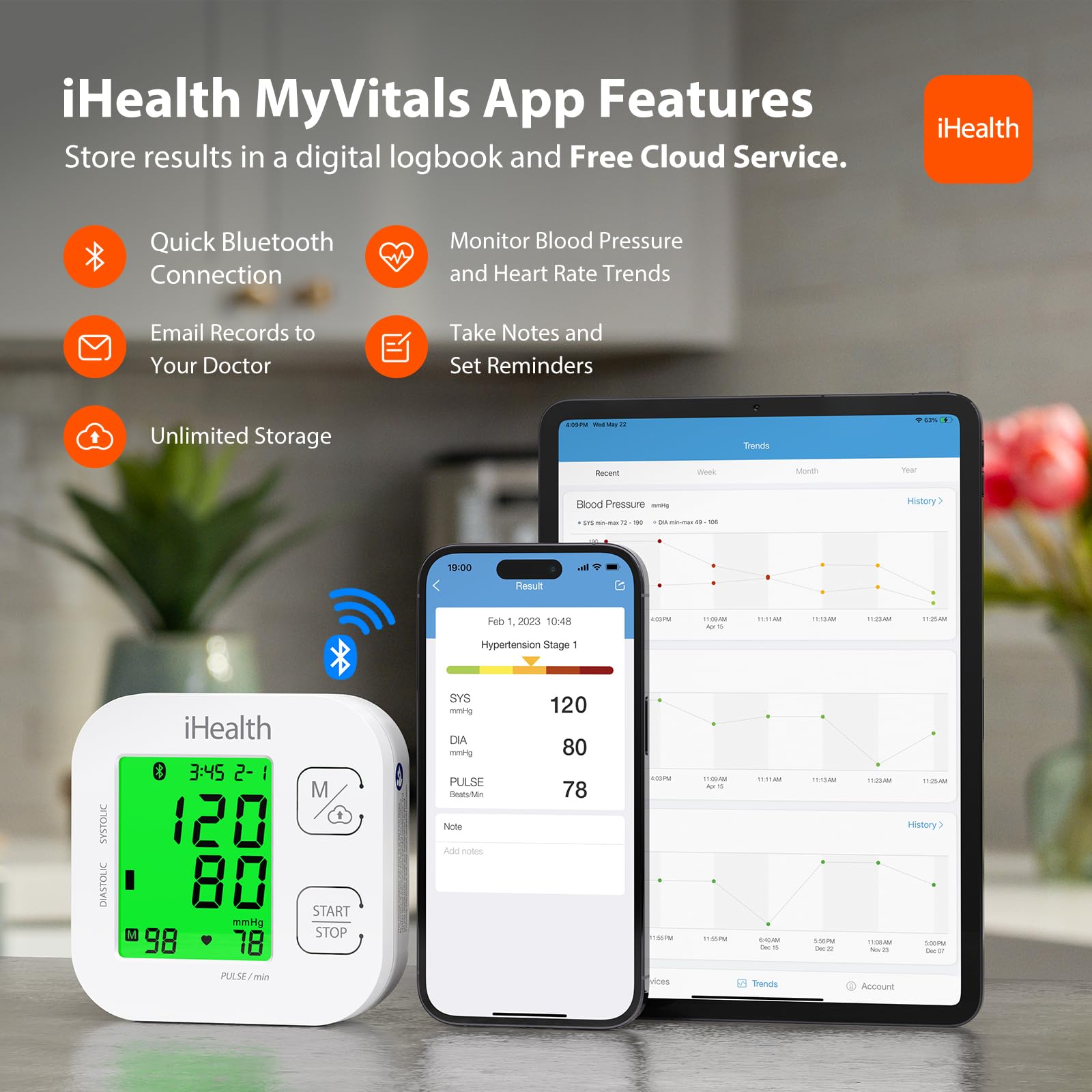 iHealth dispositivo en uso en un brazo, medición sencilla y estable
