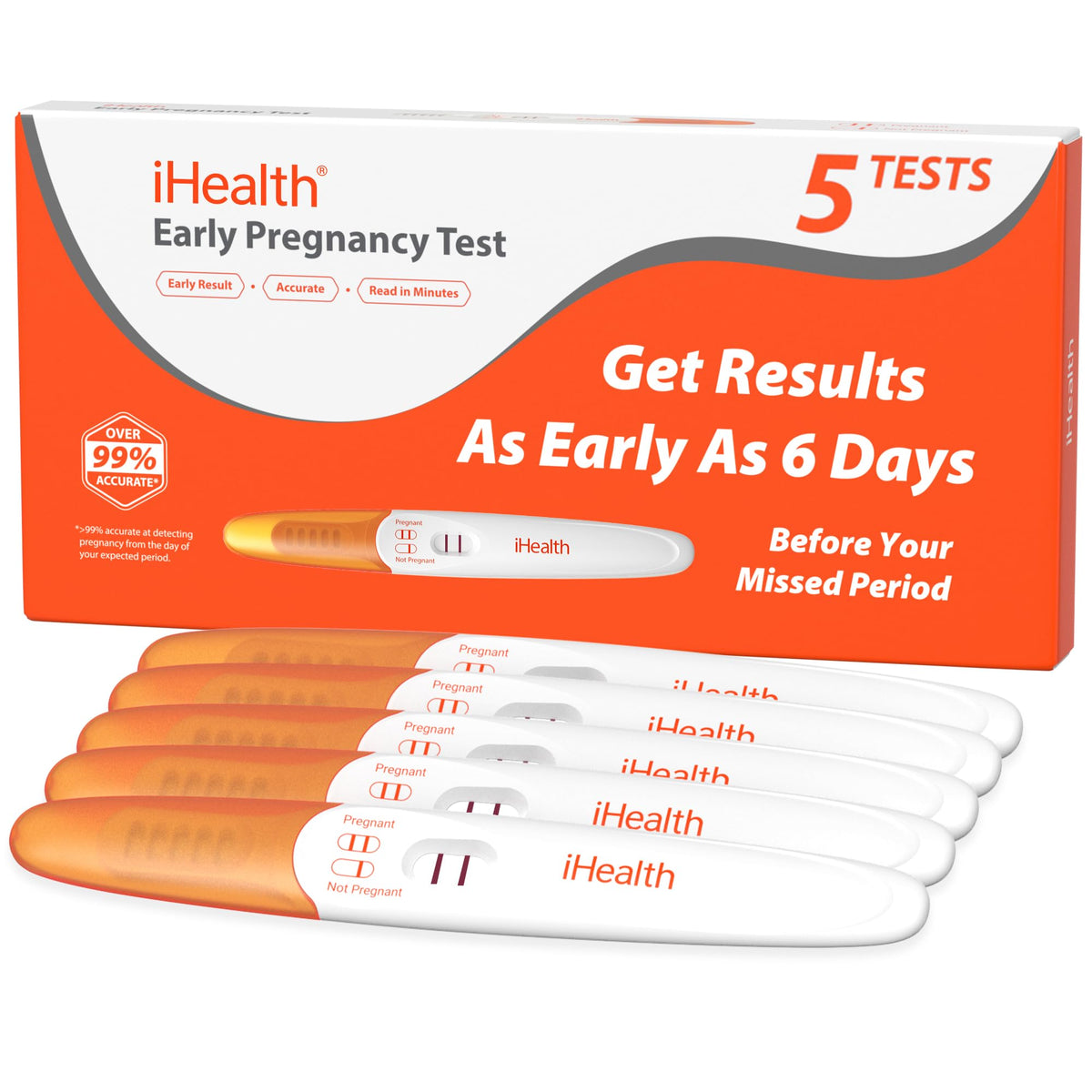 iHealth empaque frontal mostrando el pack de 5 pruebas y conveniencia