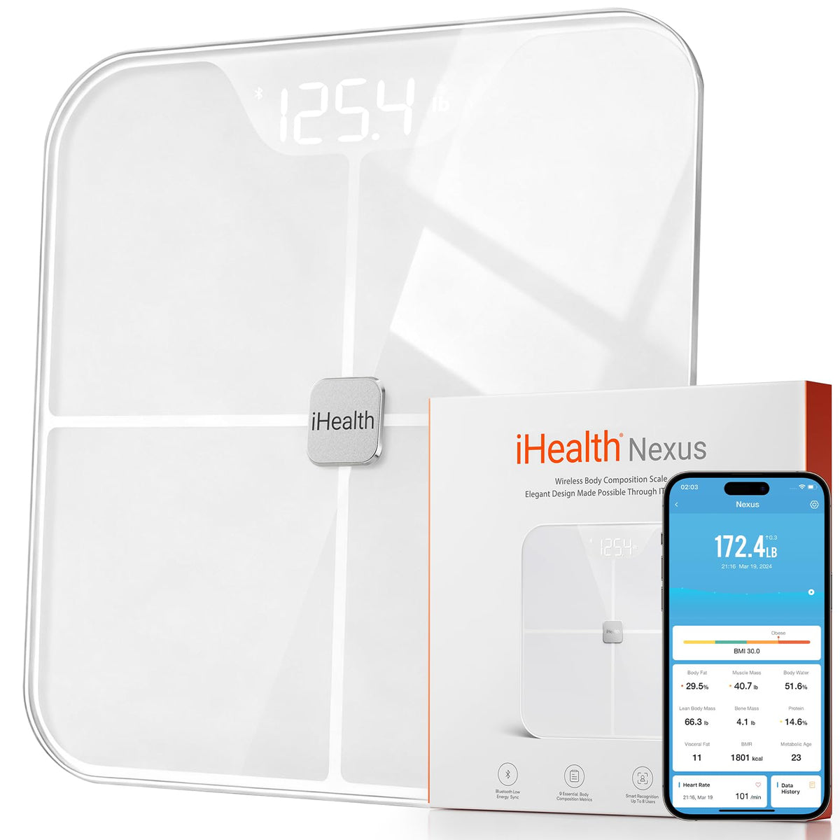 iHealth Nexus vista frontal mostrando pantalla y diseño, confianza en lecturas