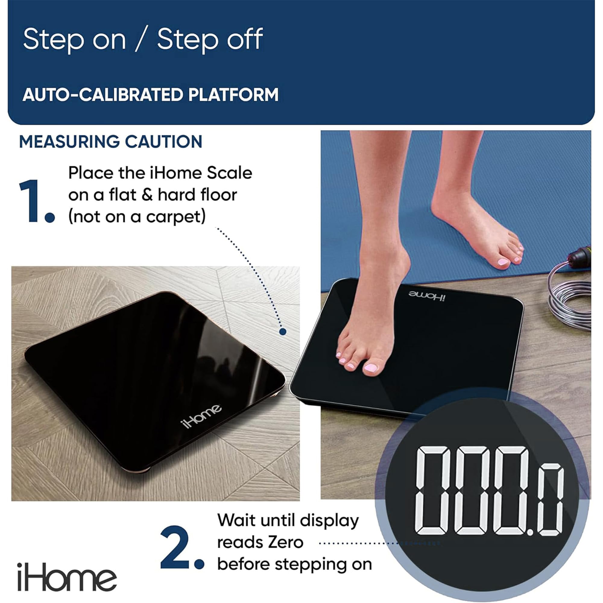 Persona usando la báscula iHome, estabilidad y comodidad al medir su peso