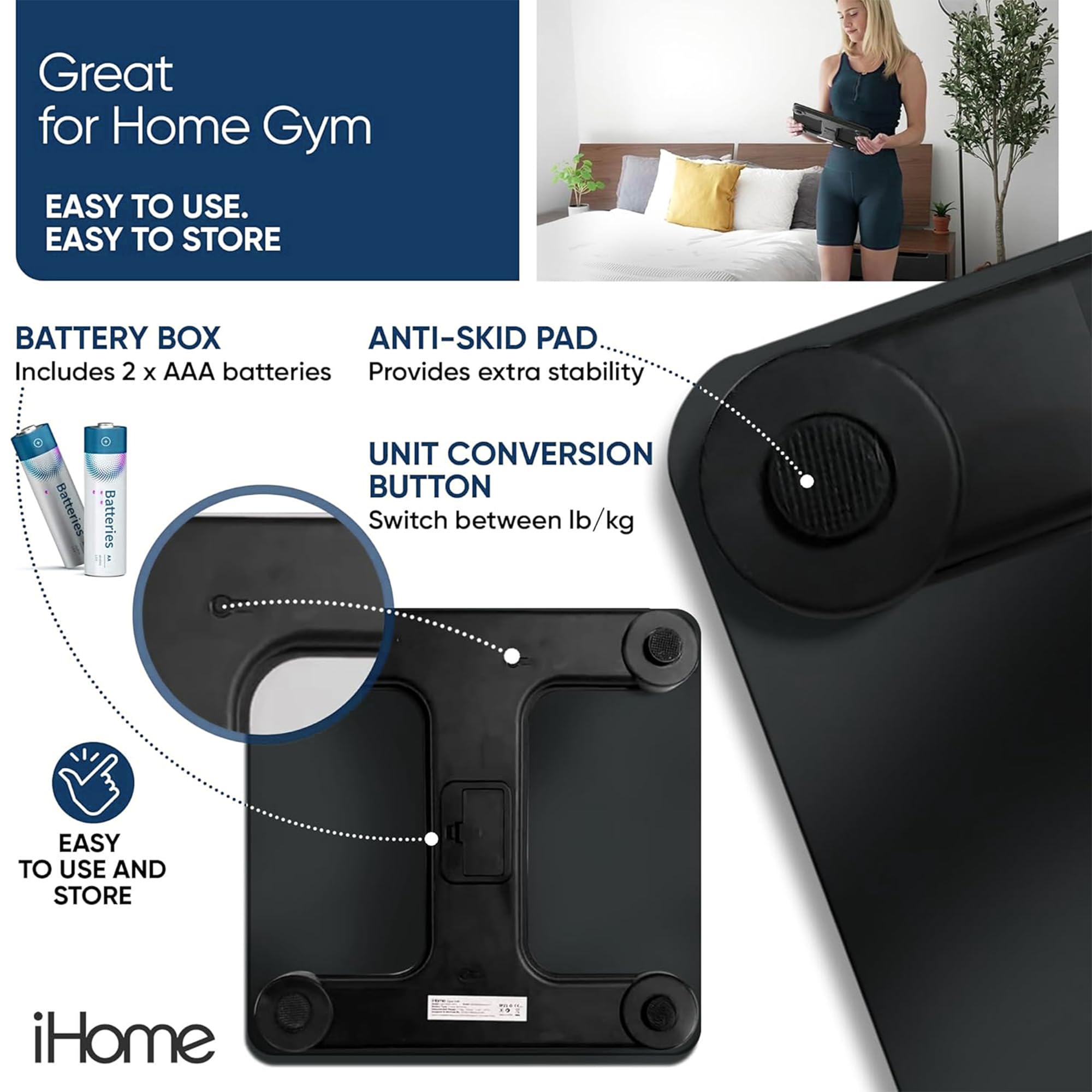 iHome báscula junto a regla para comparar tamaño y confirmar plataforma estable