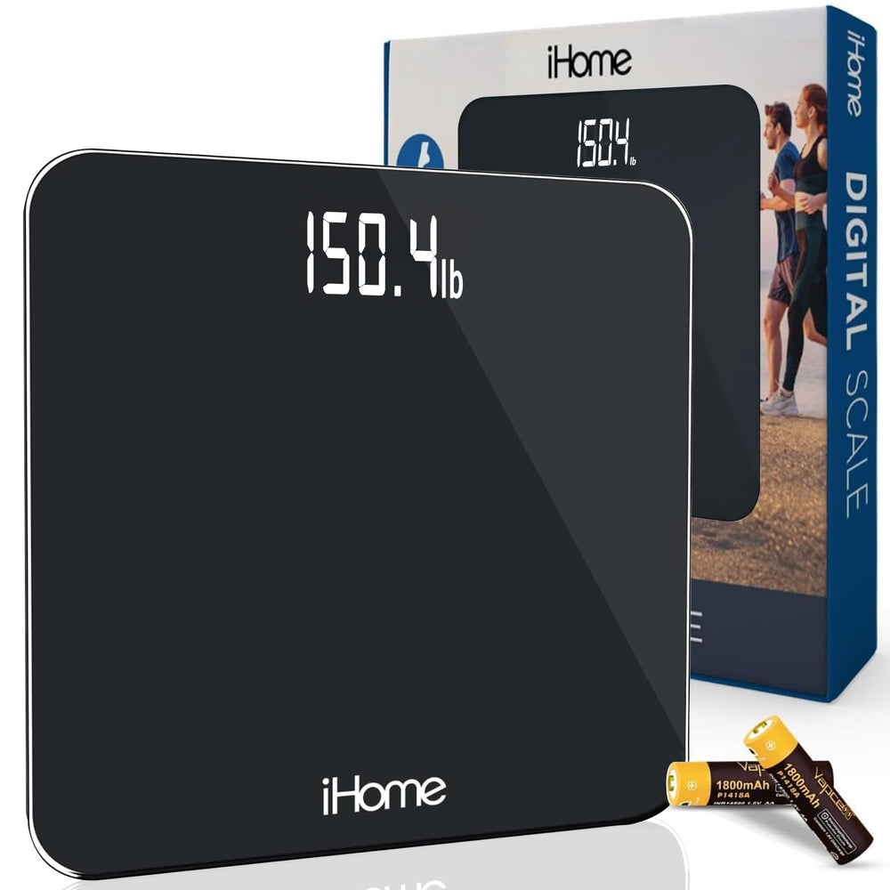 iHome báscula frontal mostrando diseño negro y perfil delgado, fácil integración decorativa
