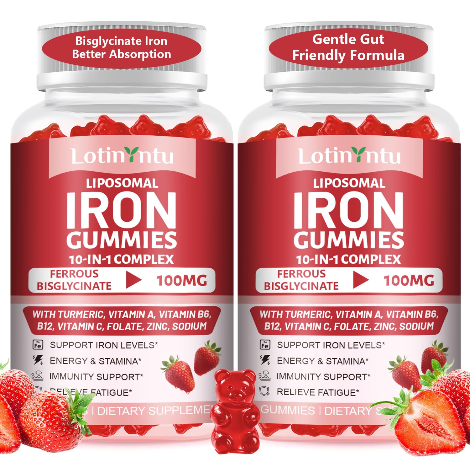 LotinYntu Gominolas de Hierro Bisglicinato 100 mg — 2 Pack, con Vitaminas C B6 B12 para Energía y Mejor Absorción