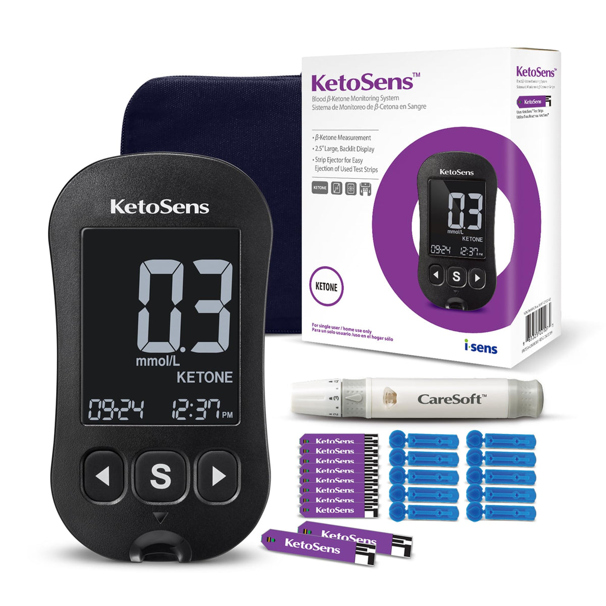 KetoSens medidor de cetonas en sangre Starter Kit — 1 medidor, 10 tiras, lectura rápida, Made in Korea