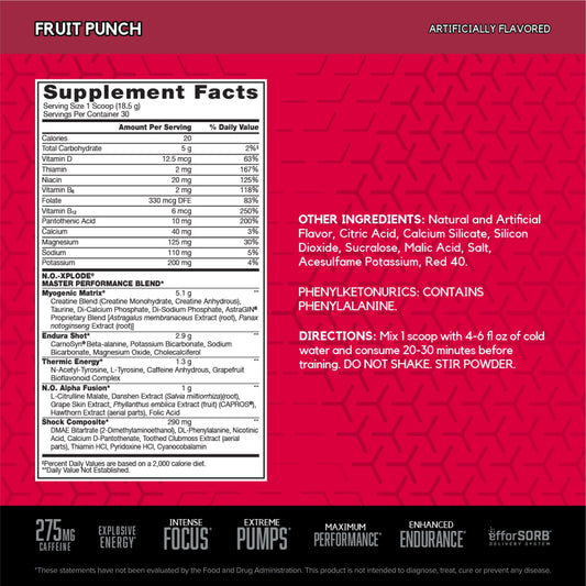 BSN N.O.-XPLODE Pre-Workout en polvo Fruit Punch, 30 servicios — con creatina y energía enfocada
