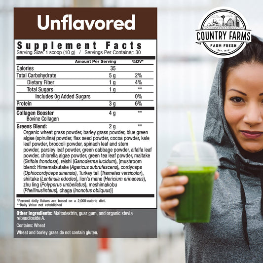 Country Farms Colágeno en Polvo + Greens 10.6 oz — Péptidos Tipo I/III con 23 Superalimentos, Sin Azúcar ni Lácteos