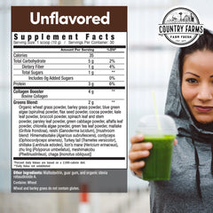 Country Farms Colágeno en Polvo + Greens 10.6 oz — Péptidos Tipo I/III con 23 Superalimentos, Sin Azúcar ni Lácteos