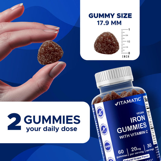 Vitamatic Gominolas de Hierro Veganas - 20 mg por porción, 60 gominolas, Vitamina C – para mujeres y hombres