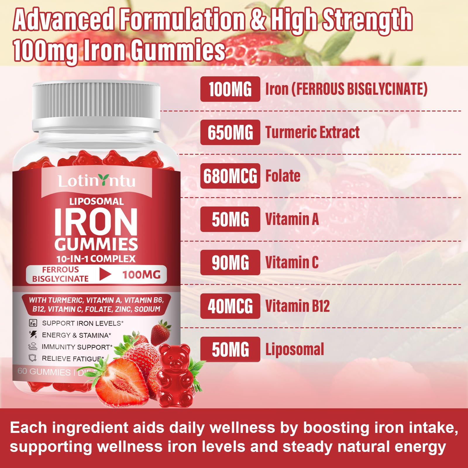 LotinYntu Gominolas de Hierro Bisglicinato 100 mg — 2 Pack, con Vitaminas C B6 B12 para Energía y Mejor Absorción