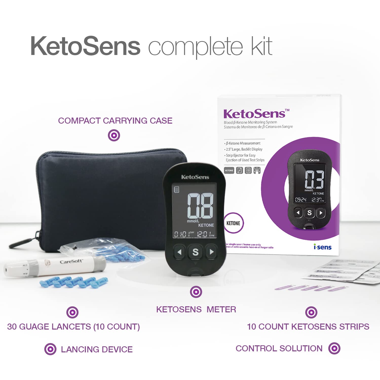 KetoSens medidor de cetonas en sangre Starter Kit — 1 medidor, 10 tiras, lectura rápida, Made in Korea