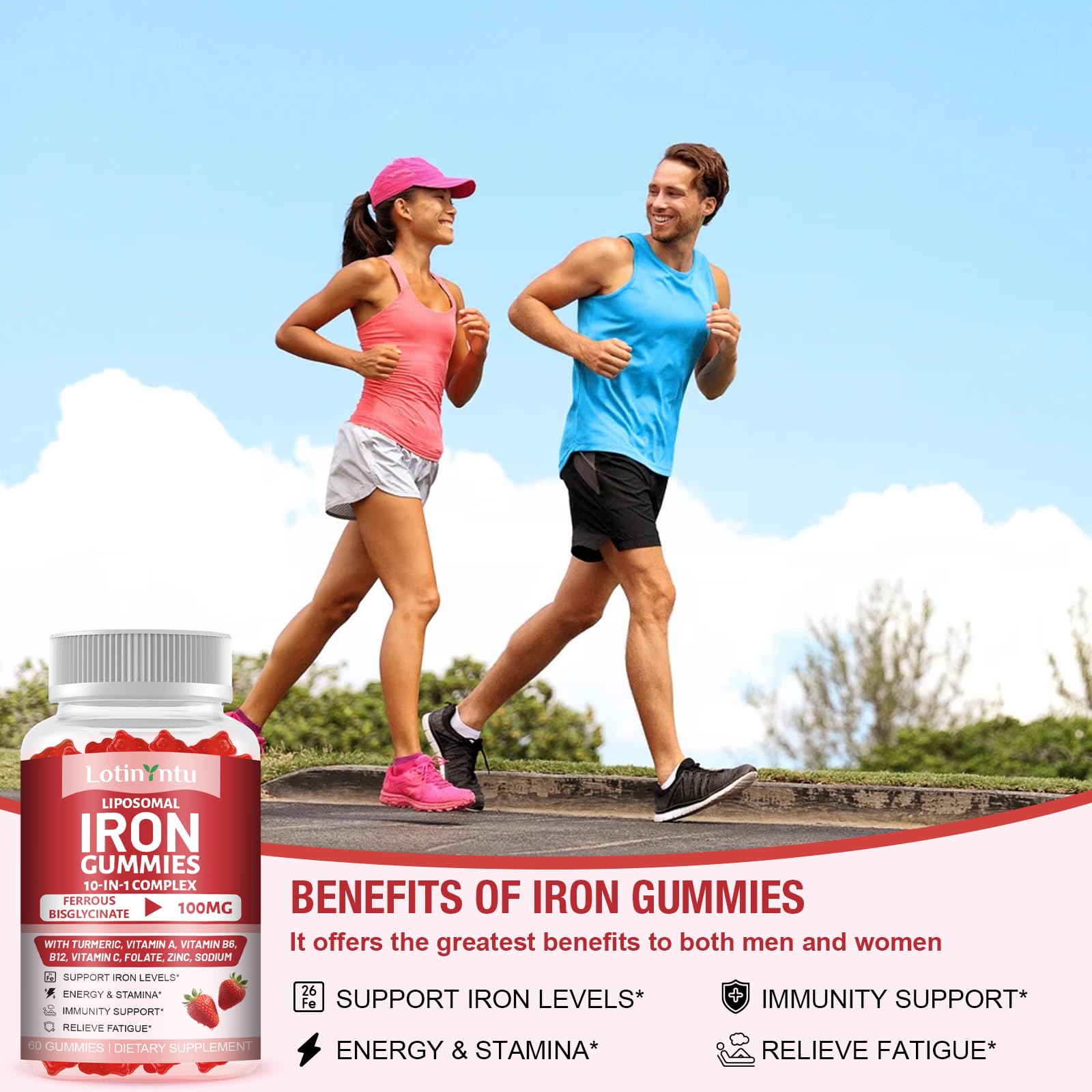 LotinYntu Gominolas de Hierro Bisglicinato 100 mg — 2 Pack, con Vitaminas C B6 B12 para Energía y Mejor Absorción