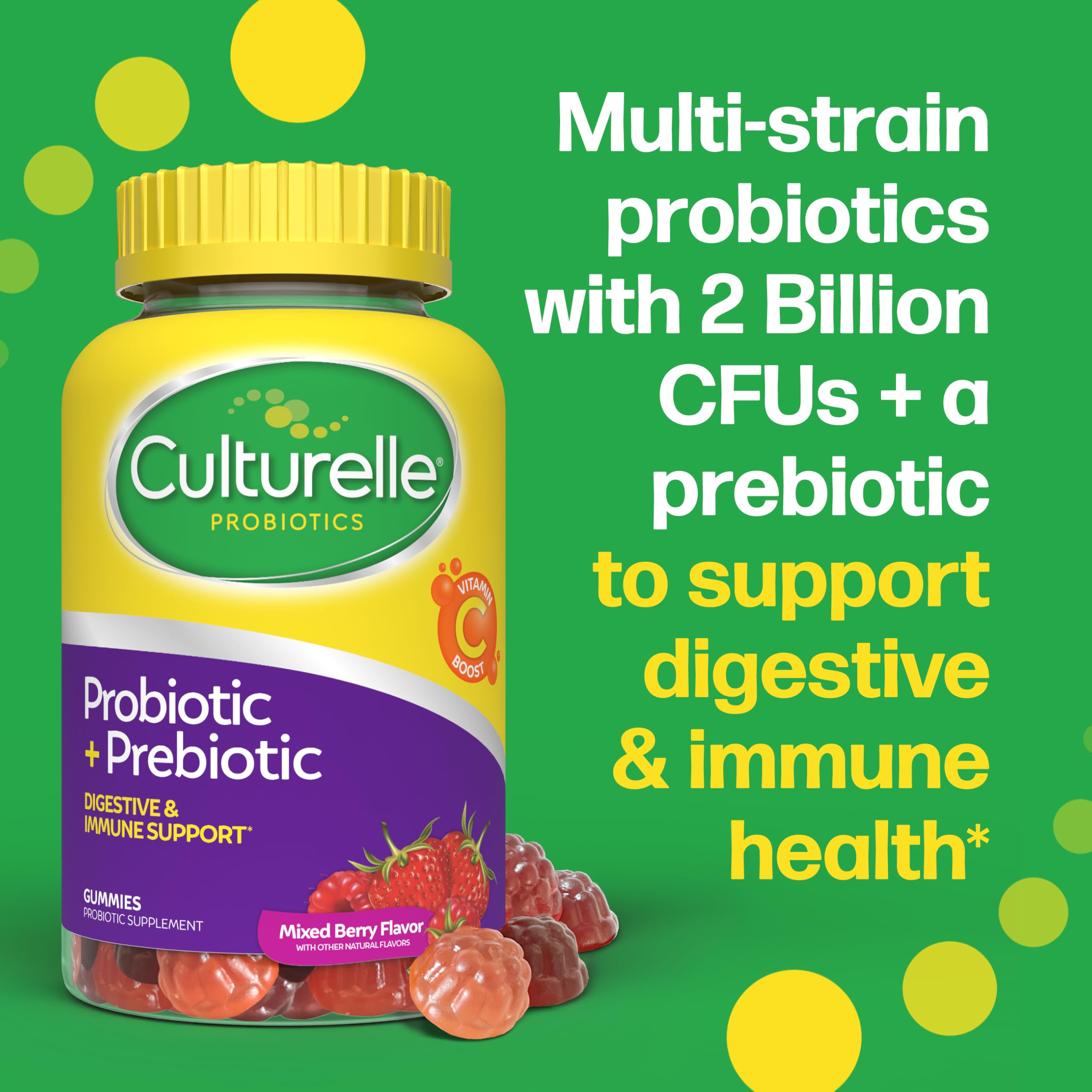 Culturelle gomitas probióticas + prebióticas para mujeres y hombres, 52 unidades, Mixed Berry, 2 mil millones UFC por porción