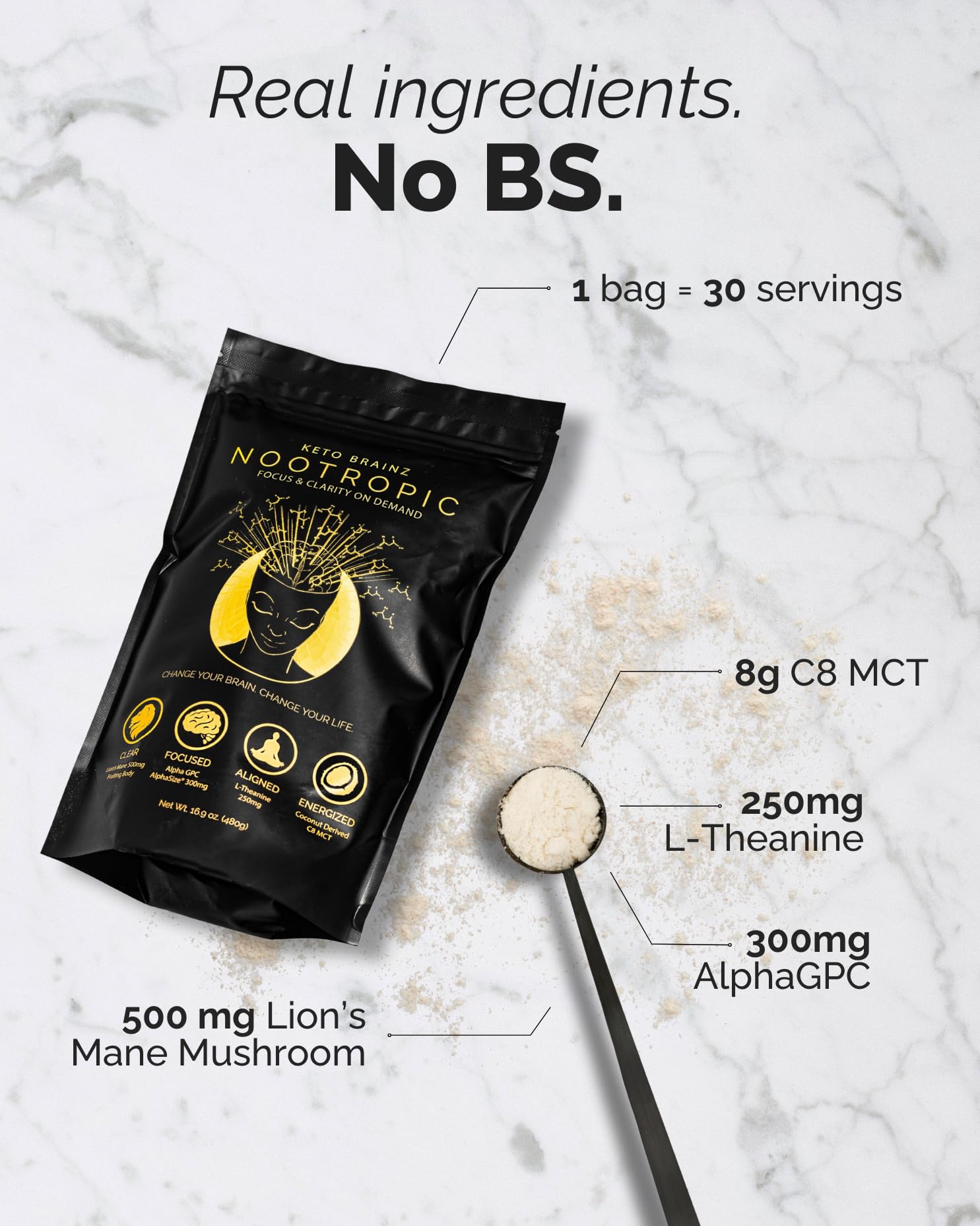 Keto Brainz Nootropic Creamer — C8 MCT en polvo, 30 servicios | Lion's Mane y AlphaGPC para energía y enfoque