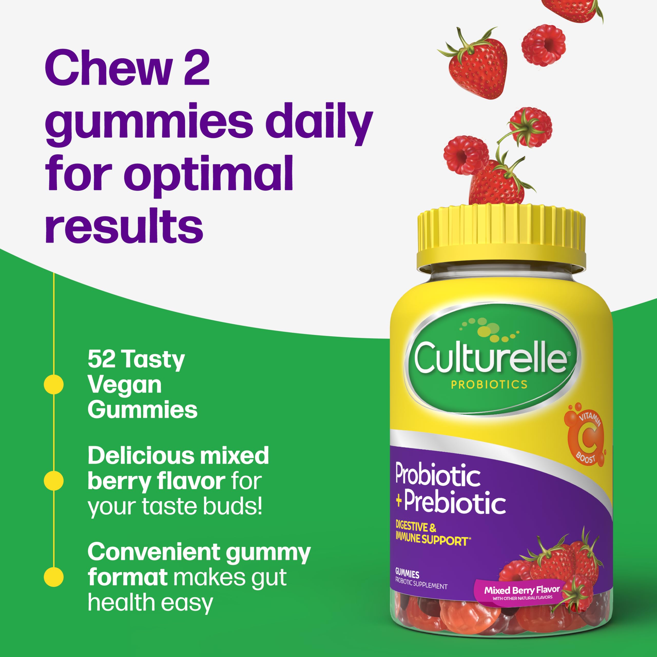 Culturelle gomitas probióticas + prebióticas para mujeres y hombres, 52 unidades, Mixed Berry, 2 mil millones UFC por porción