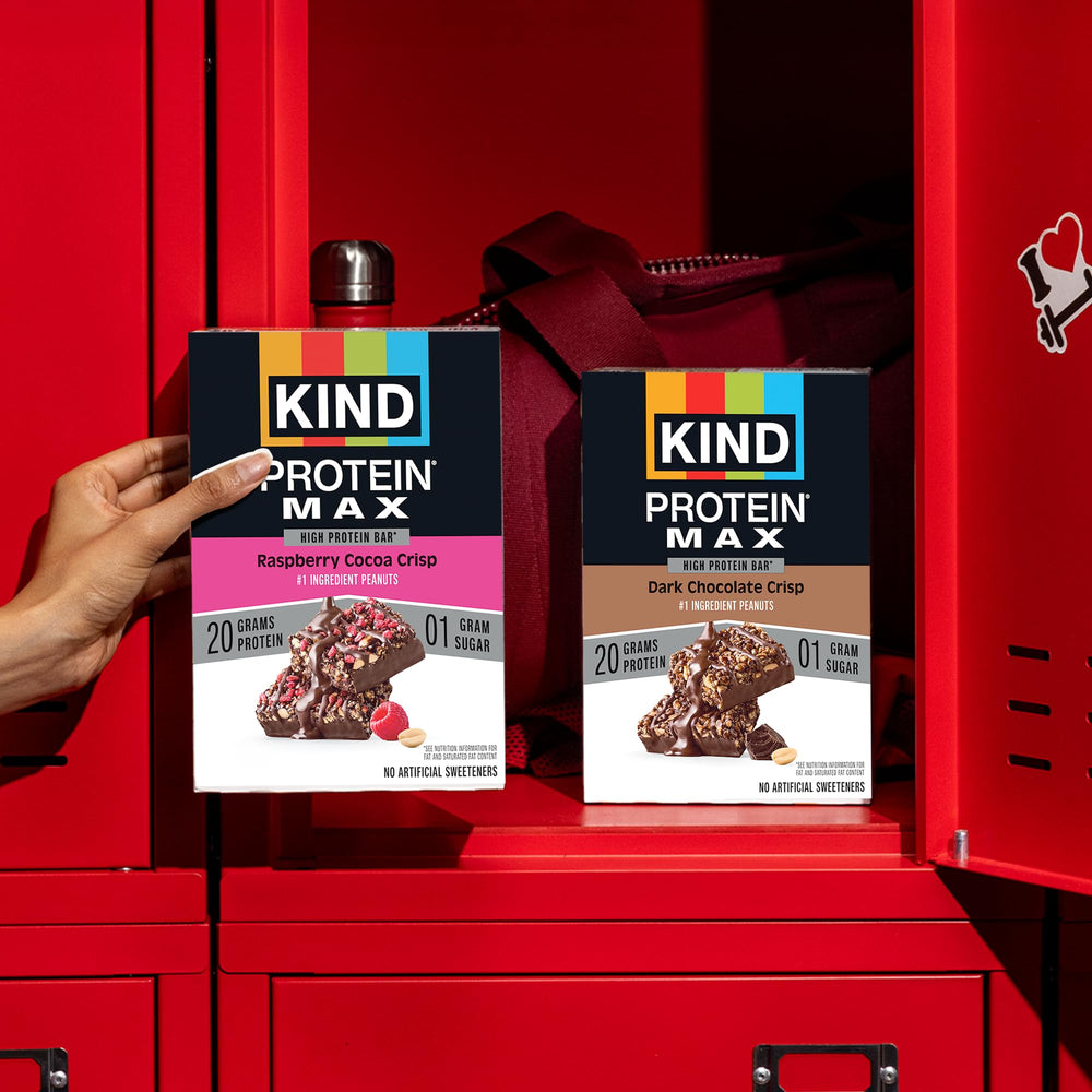 Fotografía de cajas KIND Protein MAX Dark Chocolate Crisp.