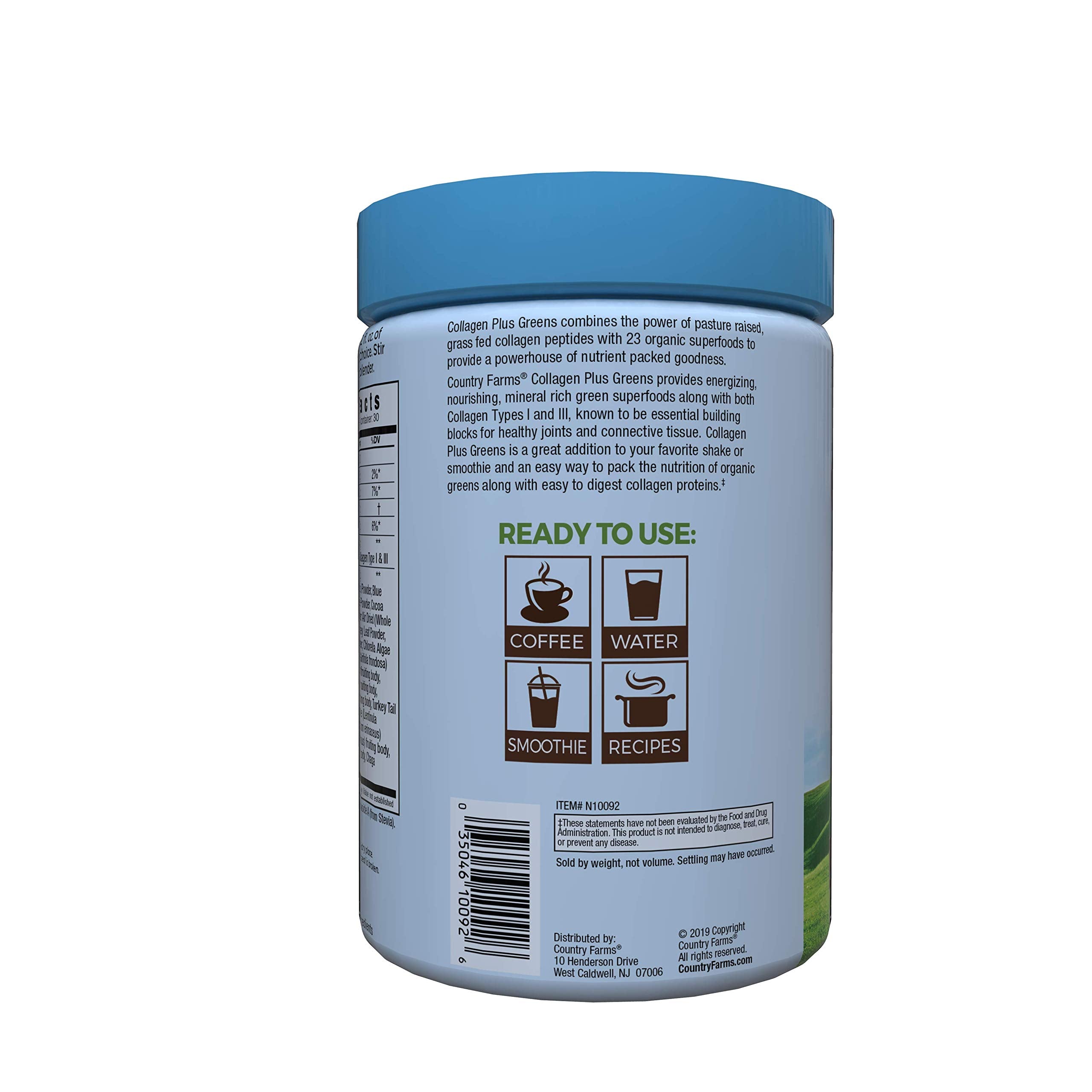 Country Farms Colágeno en Polvo + Greens 10.6 oz — Péptidos Tipo I/III con 23 Superalimentos, Sin Azúcar ni Lácteos