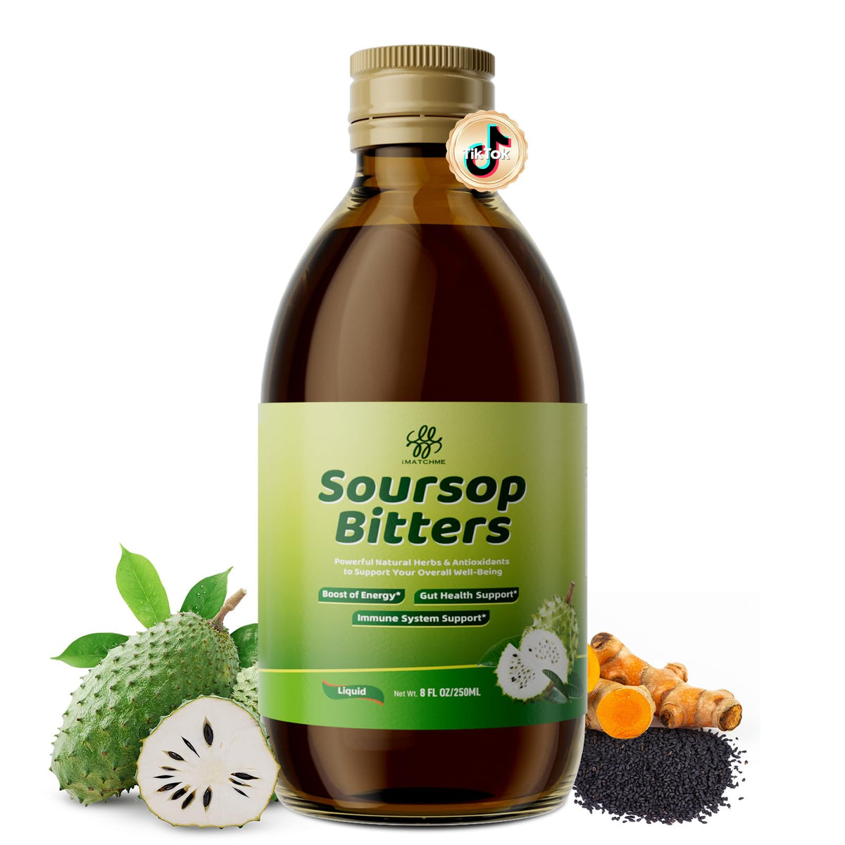 iMATCHME botella frontal mostrando soursop bitters y beneficios visuales