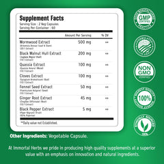 Immortal Herbs detalle de etiqueta con lista de ingredientes y pureza