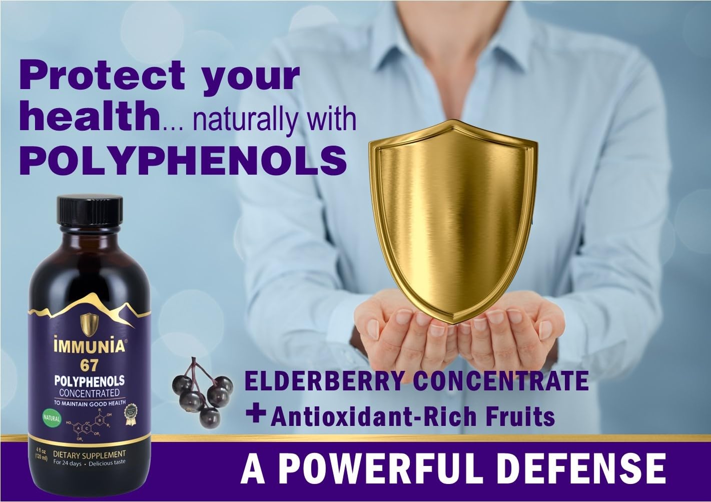 Dosing cup and bottle of Immunia 67 Polyphenols showing precise measurements for reliable intake.