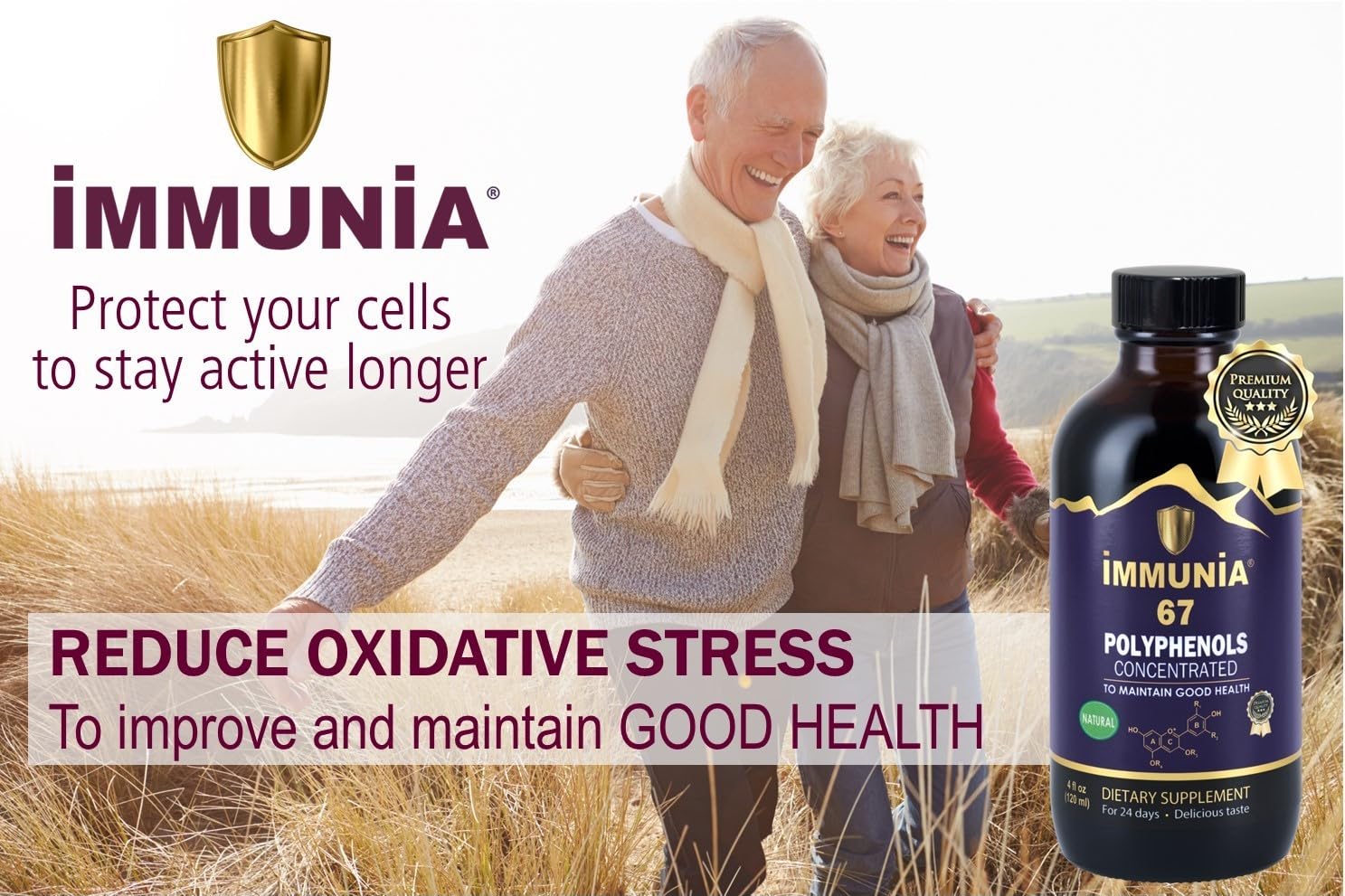 Immunia 67 Polyphenols elderberry-berry blend highlighted on label with antioxidant-rich fruits.