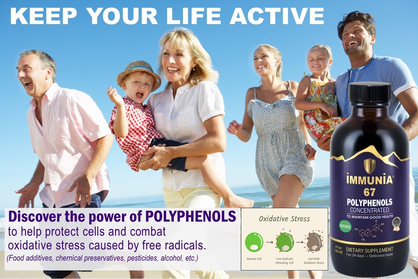 Product label of Immunia 67 Polyphenols emphasizing gluten-free status and natural ingredients.