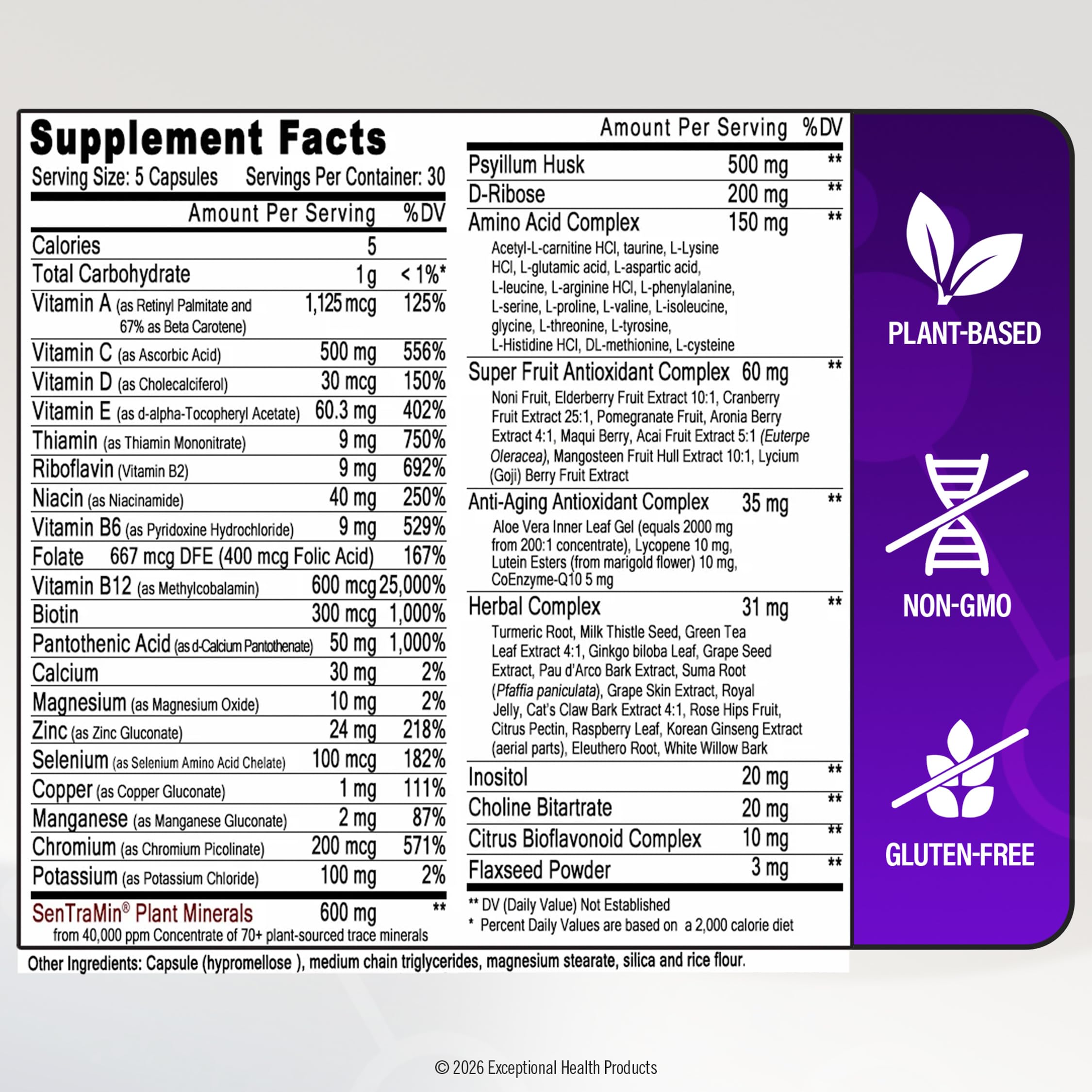 Parte posterior del envase Immuno 150 mostrando lista de ingredientes y nutrientes clave