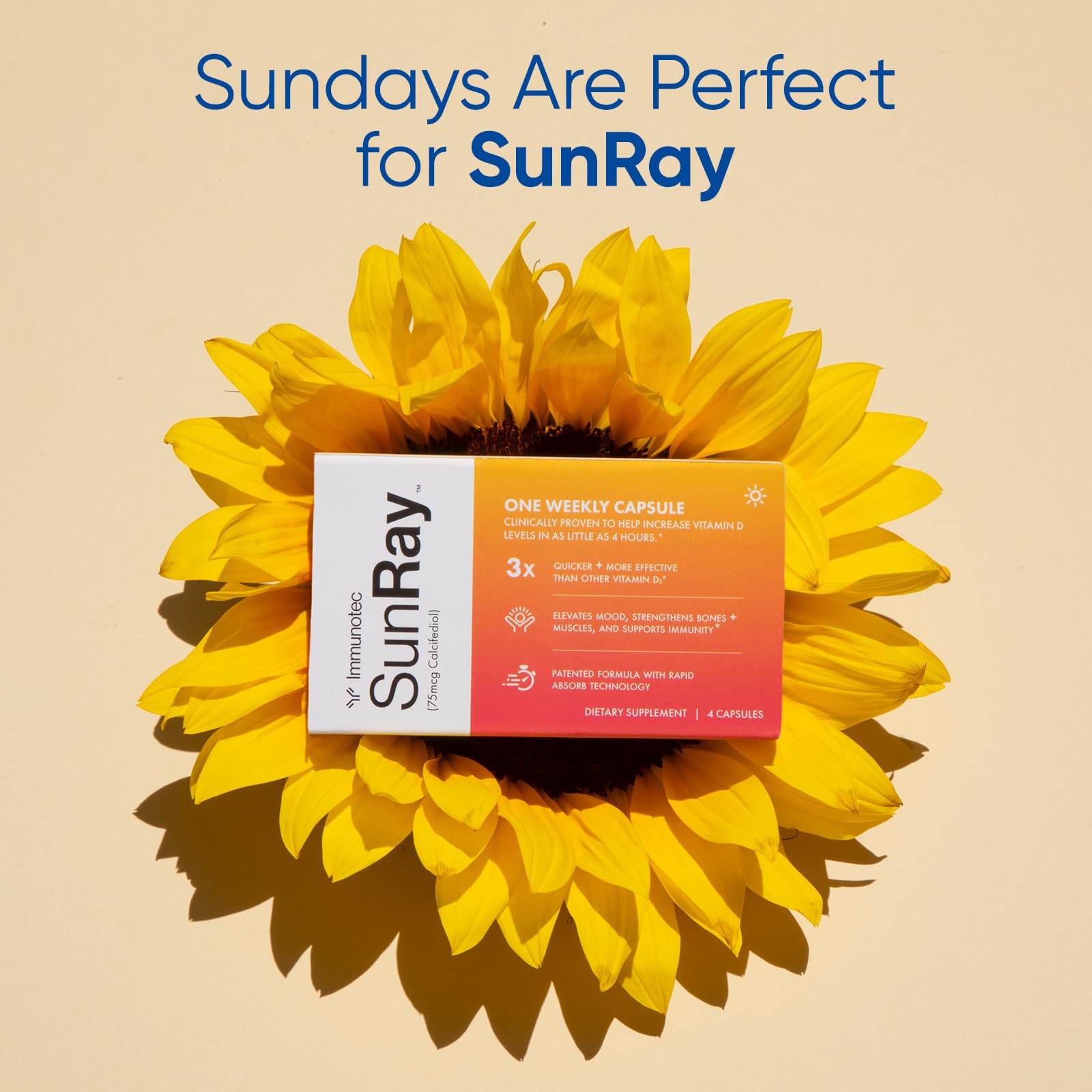 Immunotec Sunray botella abierta con cápsulas resaltando conveniencia semanal