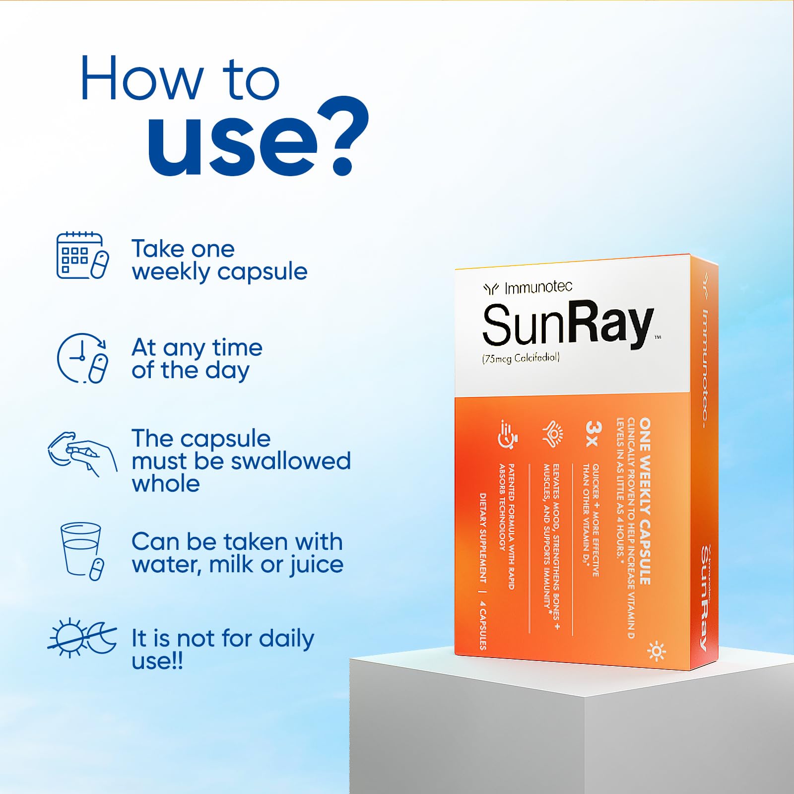 Immunotec Sunray cápsula en mano para ver tamaño y facilidad de ingestión