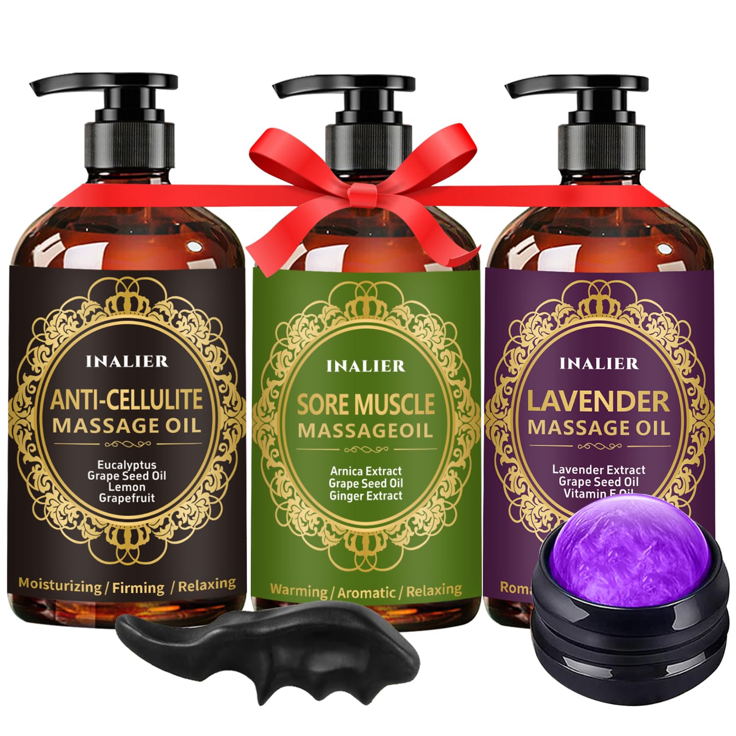INALIER pack frontal con tres aceites y accesorios para masaje, ideal para bienestar