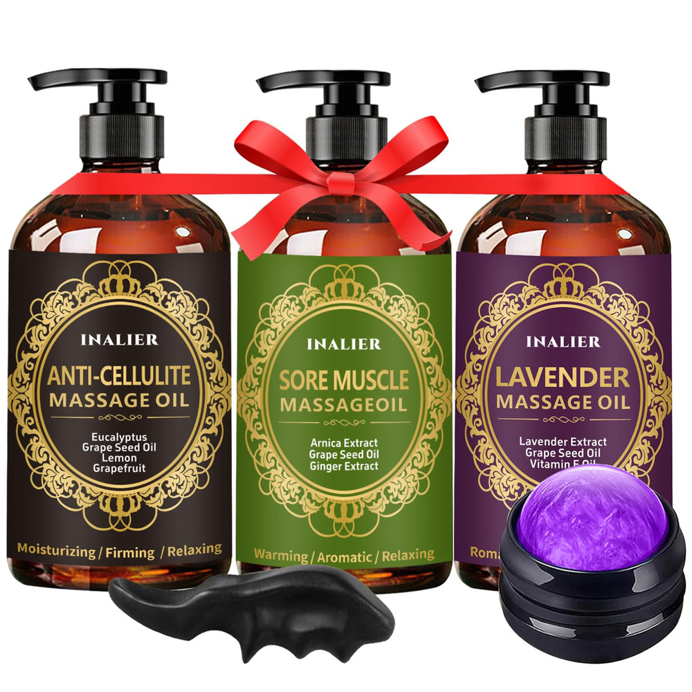 INALIER pack frontal con tres aceites y accesorios para masaje, ideal para bienestar
