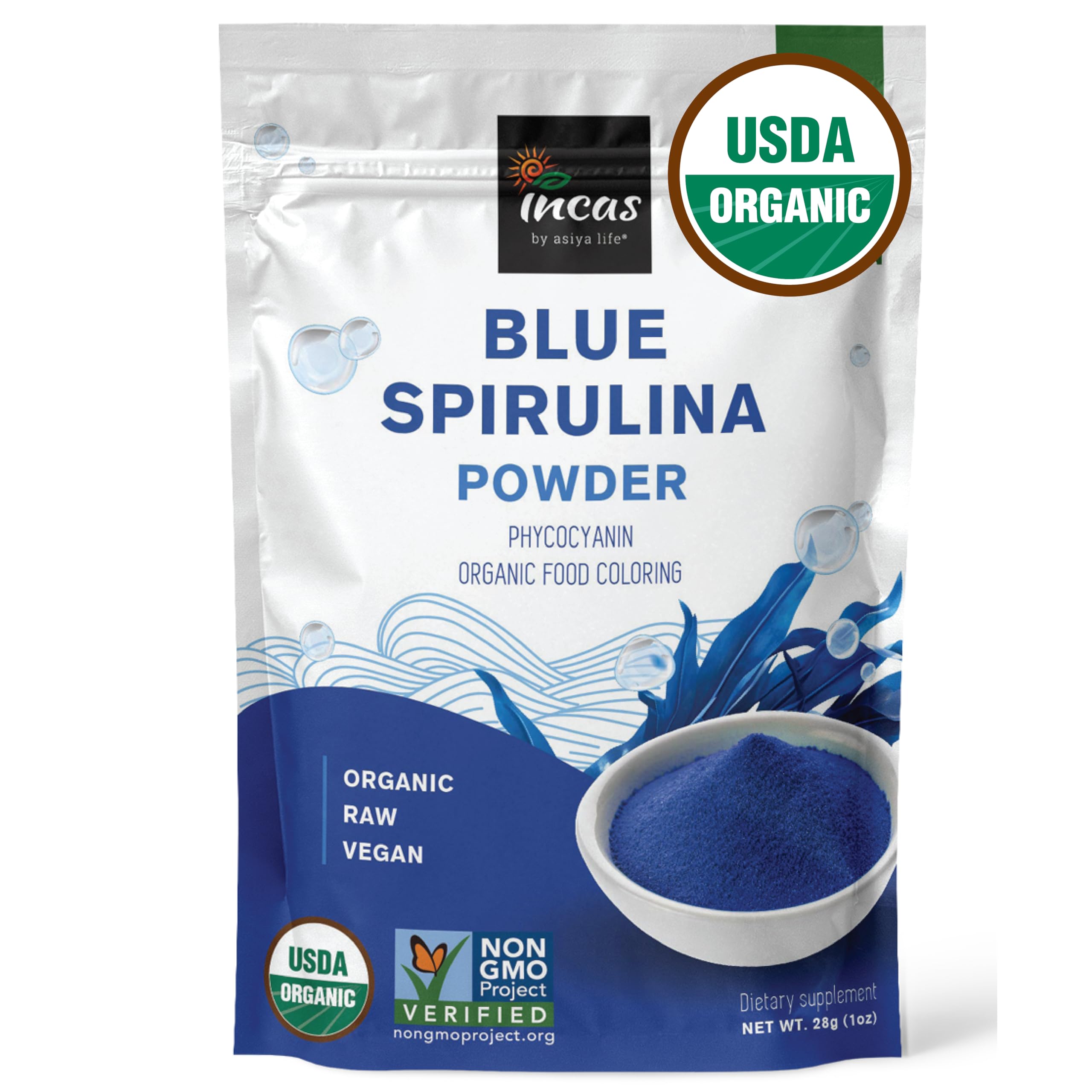 Incas by Asiya Life frasco frontal de spirulina azul orgánica mostrando etiqueta clara y beneficios