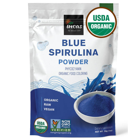 Incas by Asiya Life frasco frontal de spirulina azul orgánica mostrando etiqueta clara y beneficios