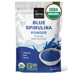Incas by Asiya Life frasco frontal de spirulina azul orgánica mostrando etiqueta clara y beneficios
