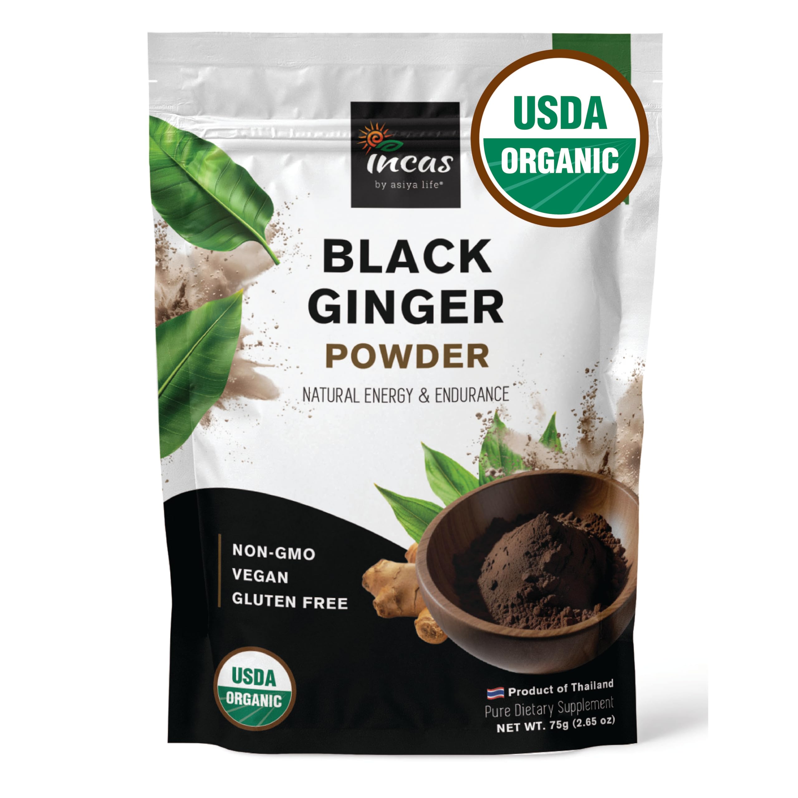 Incas by Asiya Life envase frontal que muestra jengibre negro y beneficio de energía