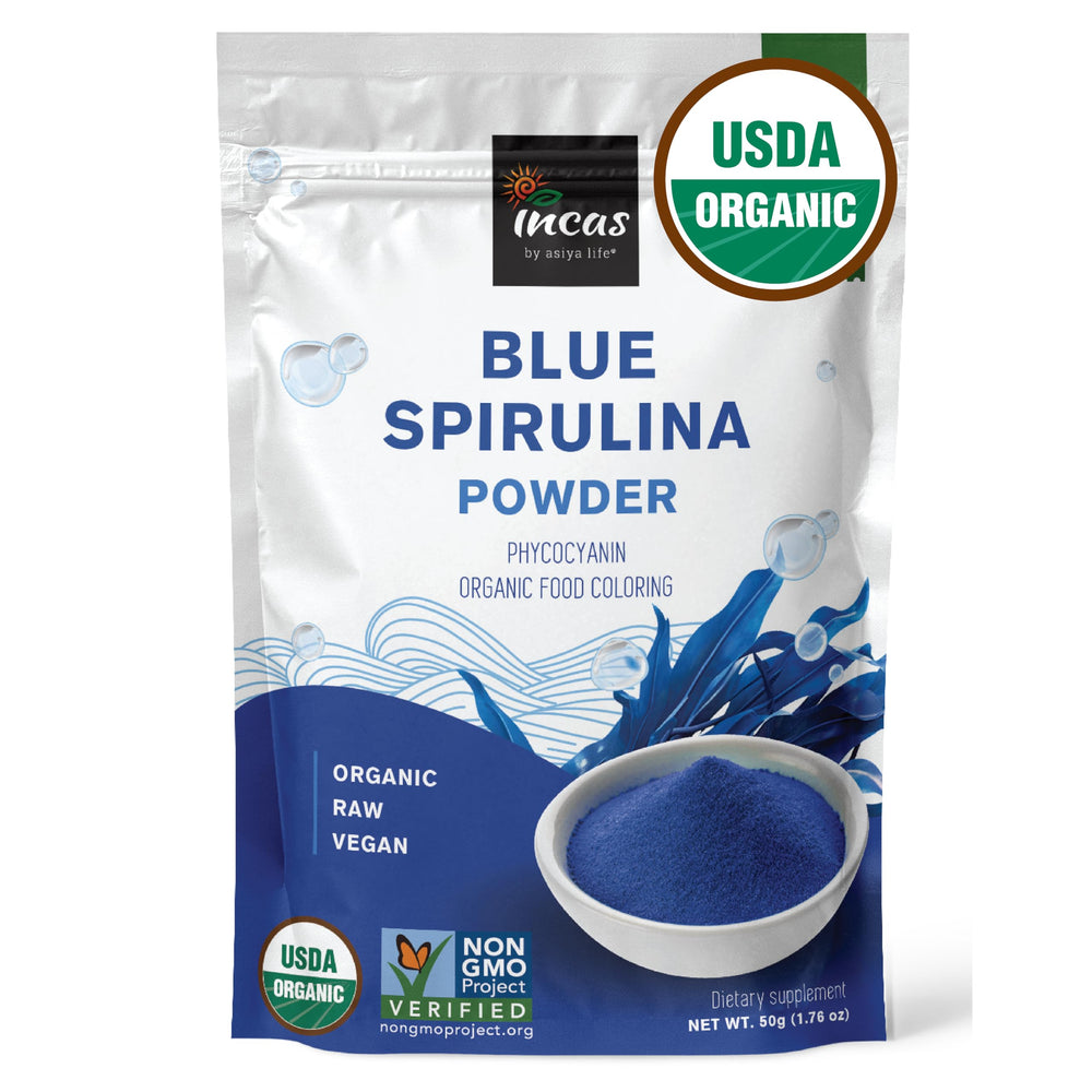 Incas by Asiya Life envase frontal mostrando polvo azul, color natural para recetas