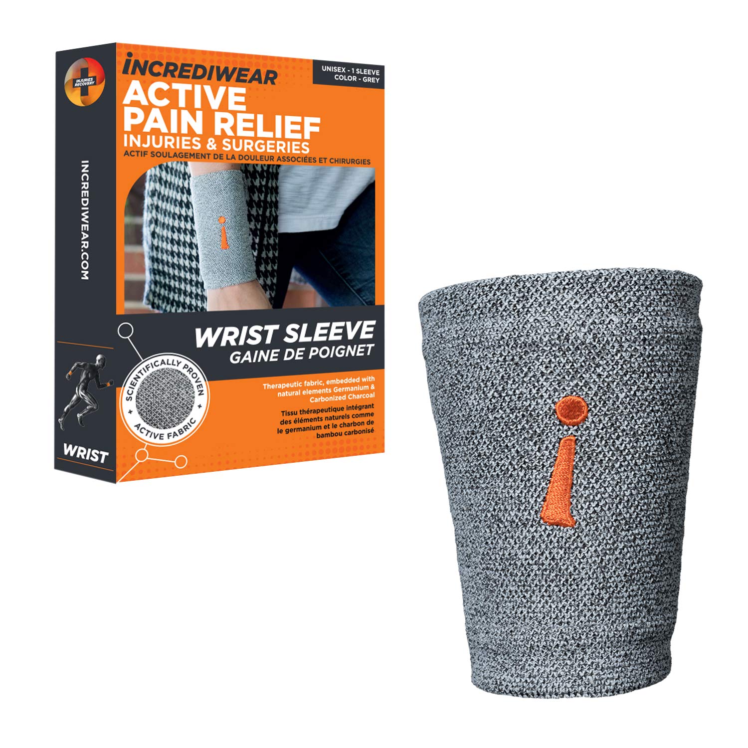 Incrediwear muñequera empaque frontal mostrando color gris y soporte