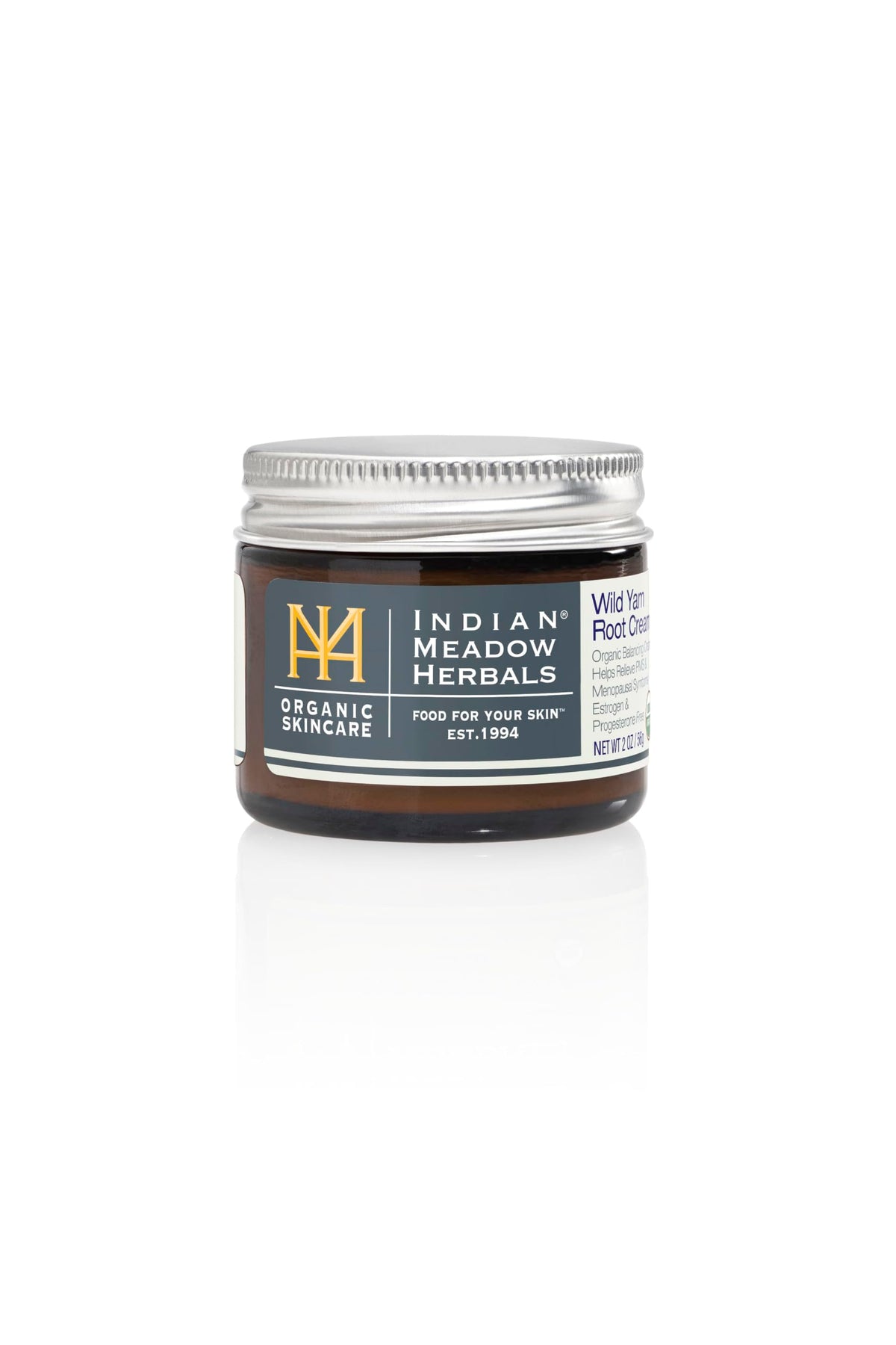 Indian Meadow Herbals frasco frontal mostrando embalaje orgánico y confianza