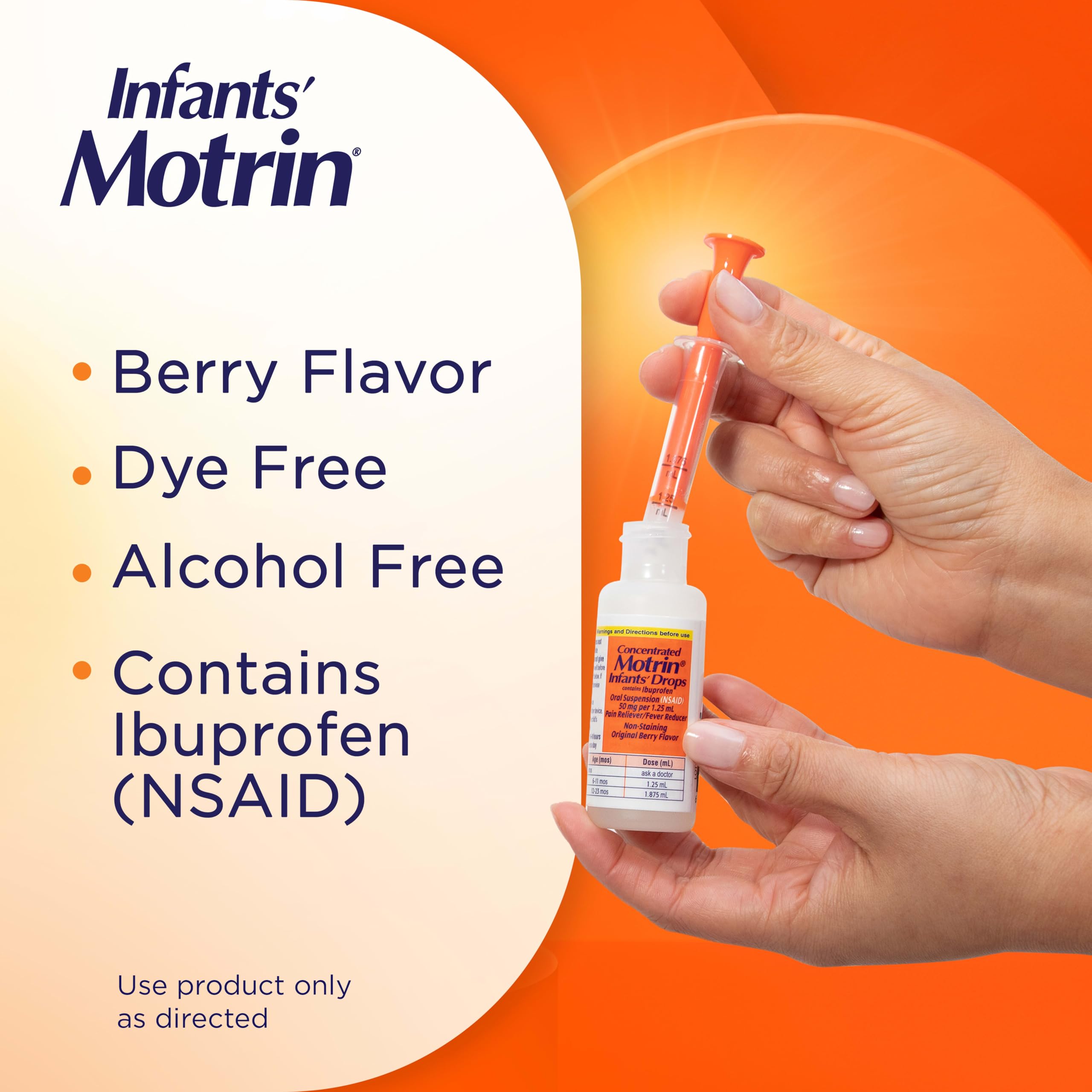 Motrin Infants' detalle de etiqueta legible y advertencias claras