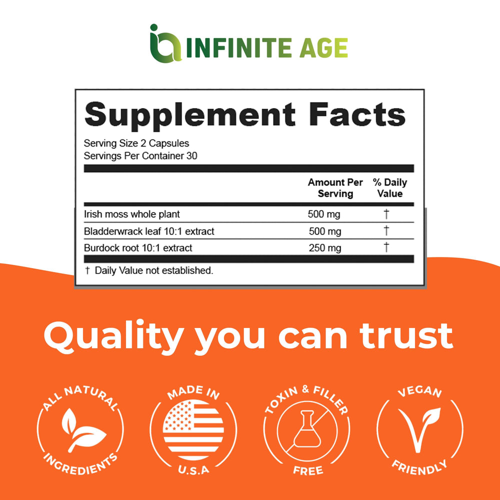 INFINITE AGE ingredientes secos seamoss y bladderwrack ilustrando origen marino y naturalidad