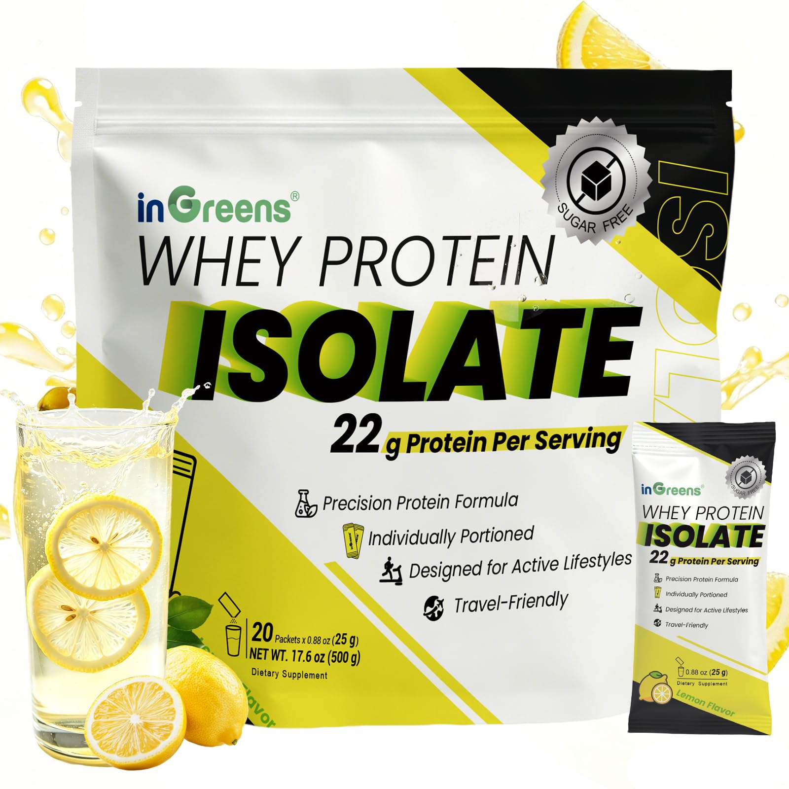 Envase inGreens Clear Protein mostrando contenido y beneficios visibles