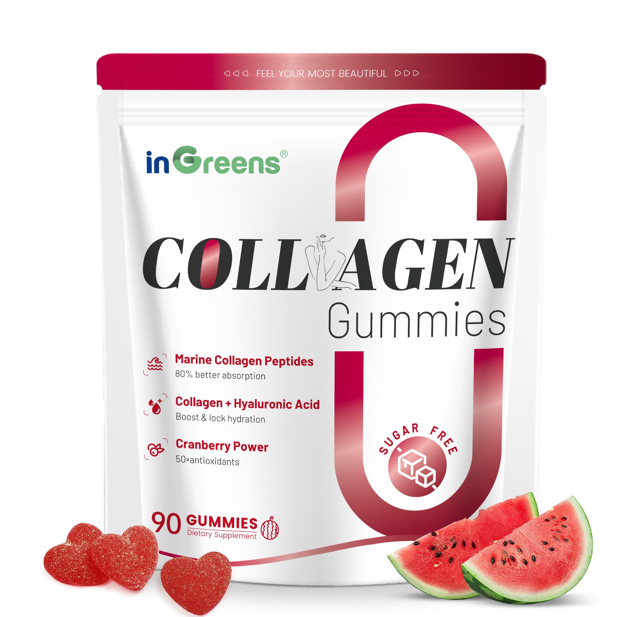 inGreens empaque frontal mostrando 5000mg y 90 gomitas, conveniente