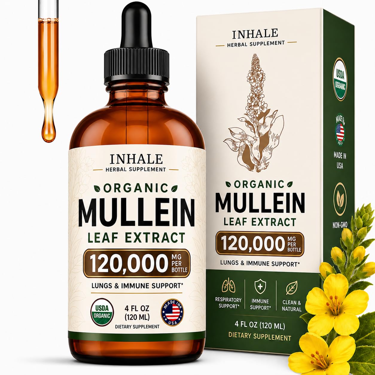 Inhale frente del empaque mostrando botella y sello orgánico, claridad y confianza