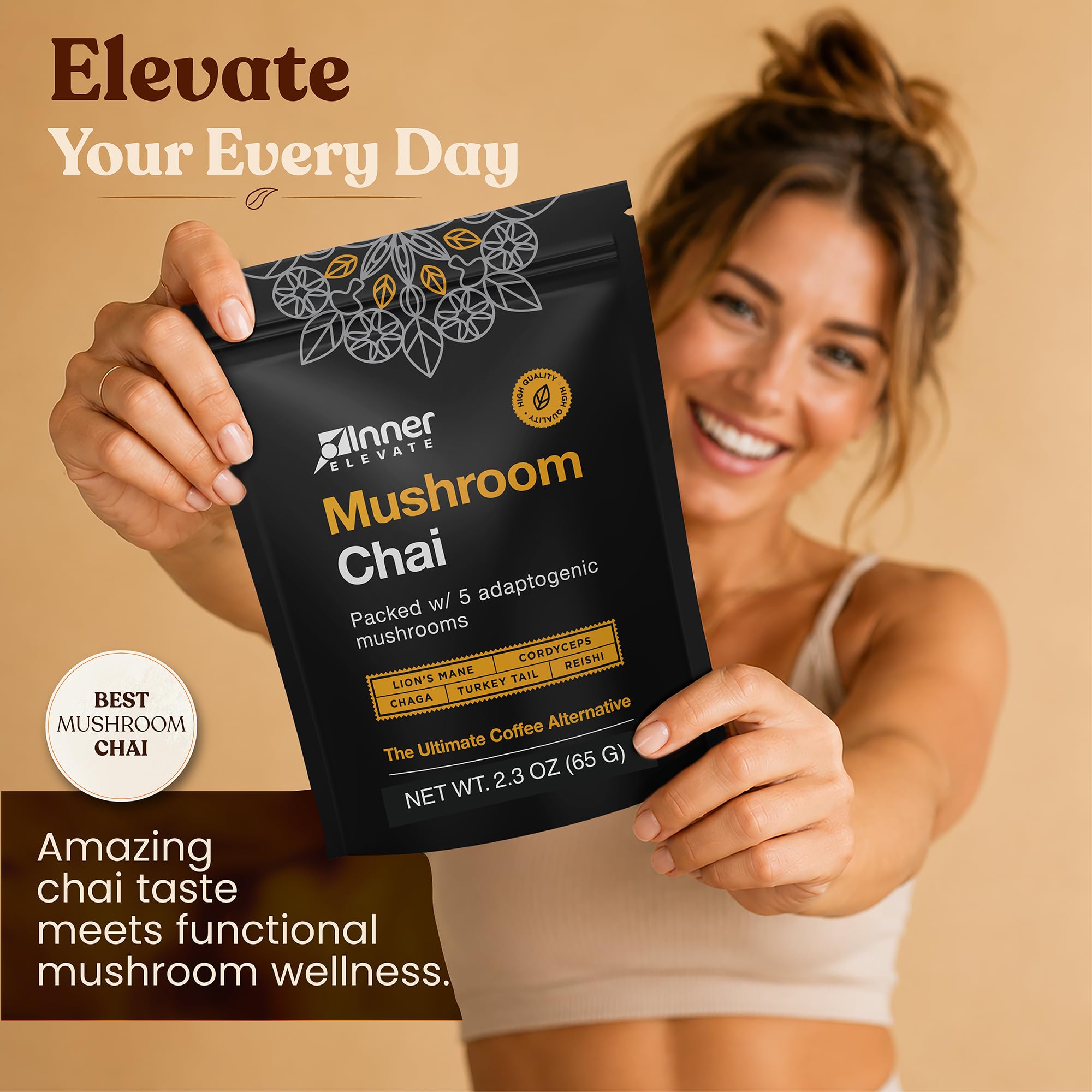 Inner Elevate empaque abierto con dosificador y cantidad aproximada de servicios
