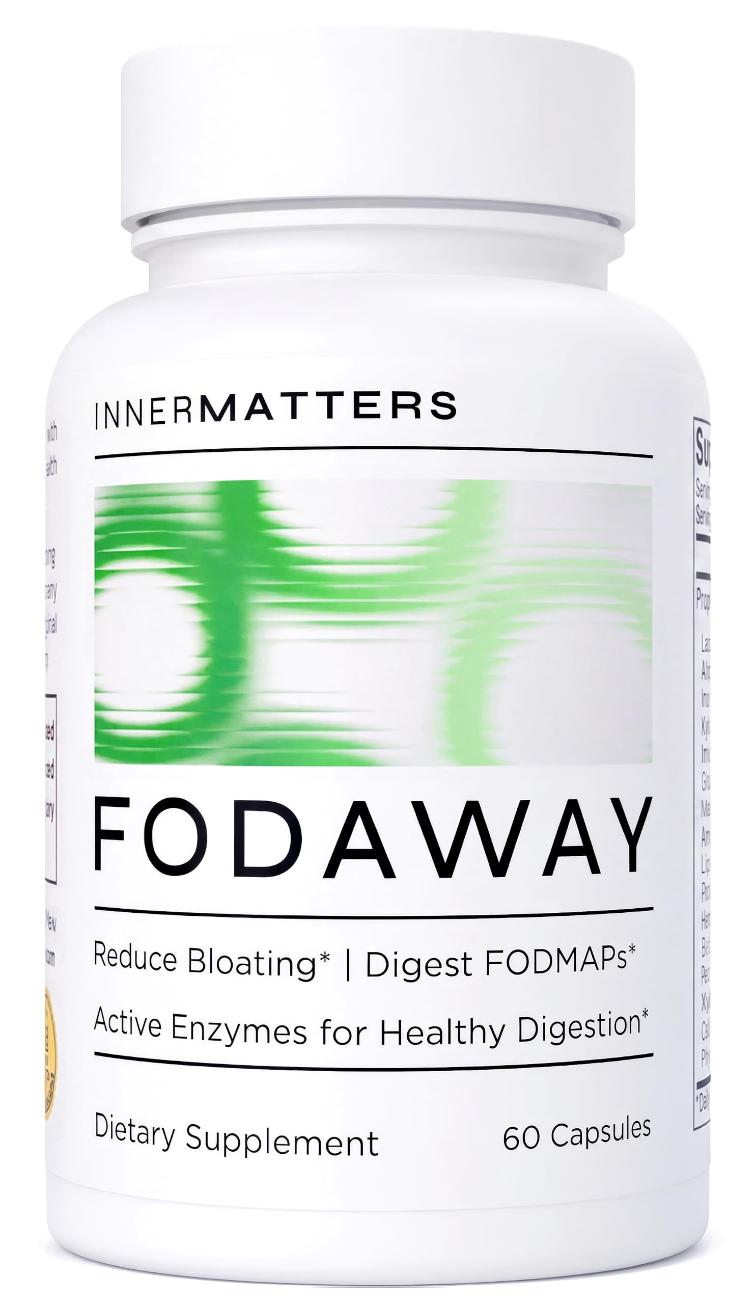 Innermatters frasco FODAWAY frente mostrando diseño y beneficio digestivo