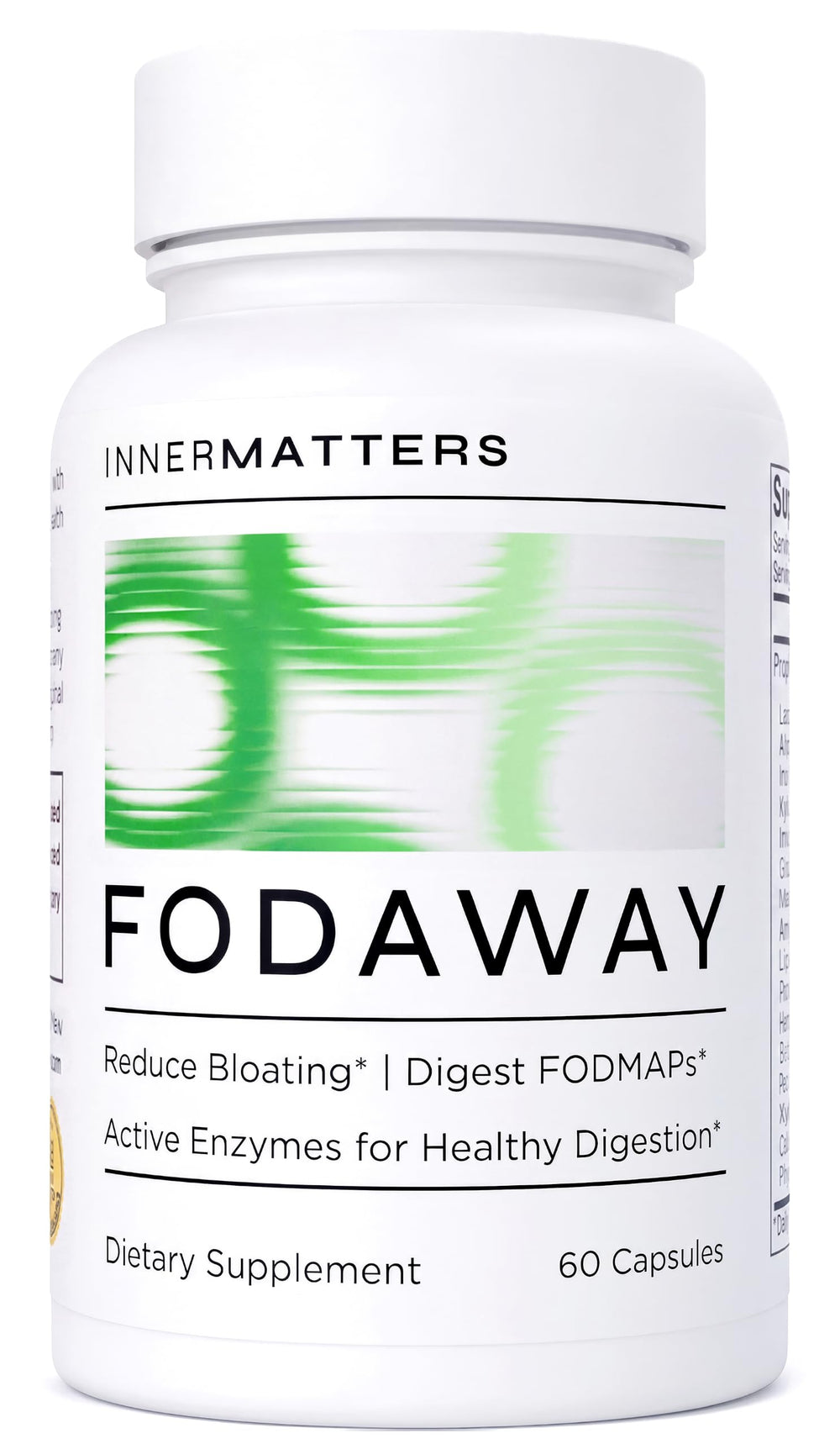 Innermatters frasco FODAWAY frente mostrando diseño y beneficio digestivo