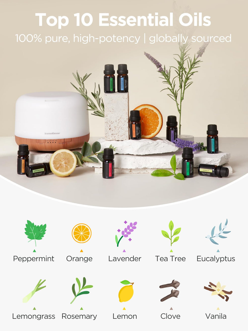 InnoGear set de 10 aceites esenciales con variedad aromática para distintas atmósferas