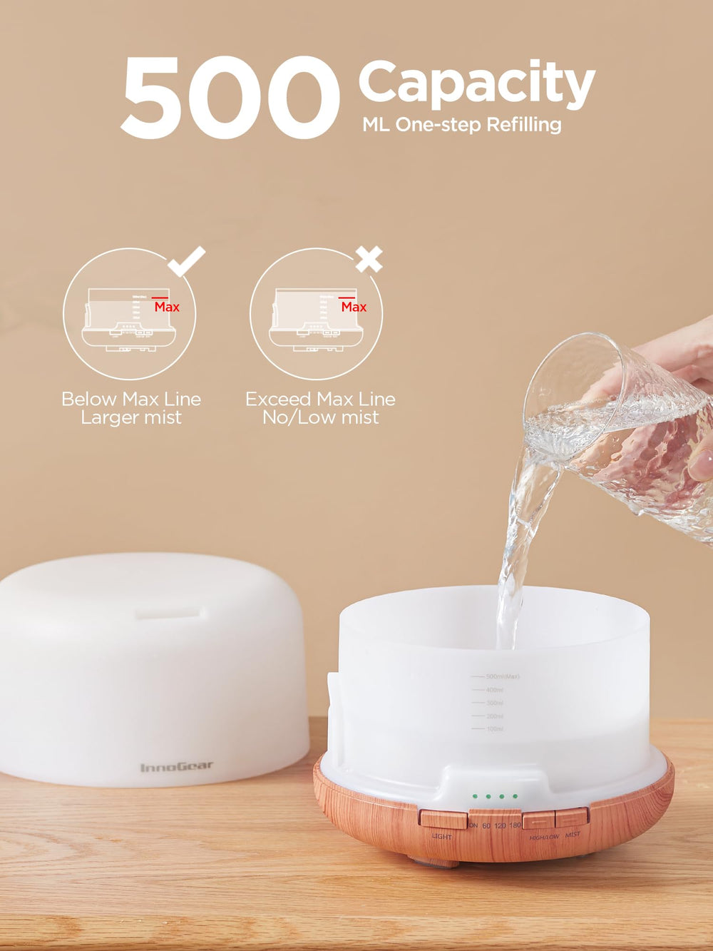 InnoGear control remoto en mano para ajustar niebla y temporizador cómodamente