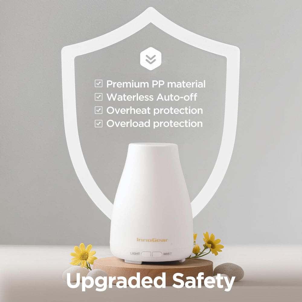 InnoGear difusor sobre mesita de noche en dormitorio, crea ambiente silencioso y relajante